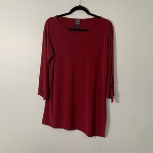 Clara Sun Woo red maroon v-neck‎ slight asymmetrical long lines top
